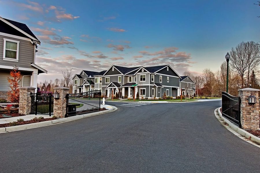Community street and townhomes