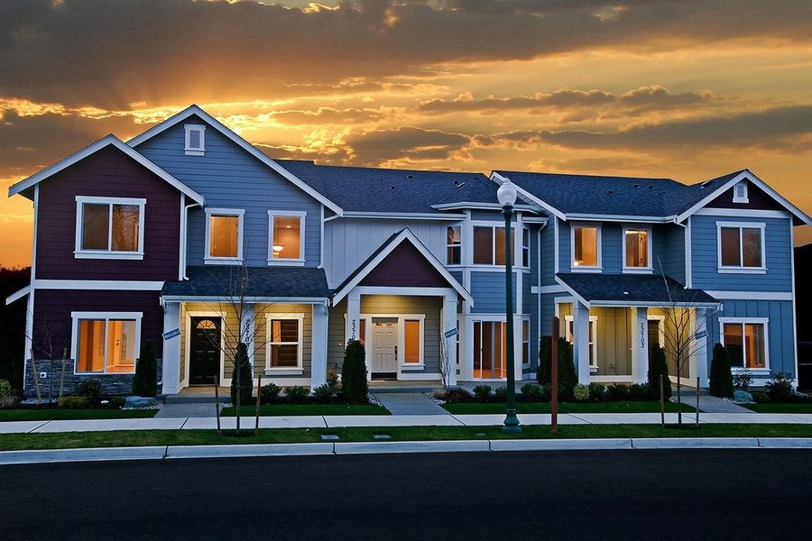 Watertree Place townhomes at dusk
