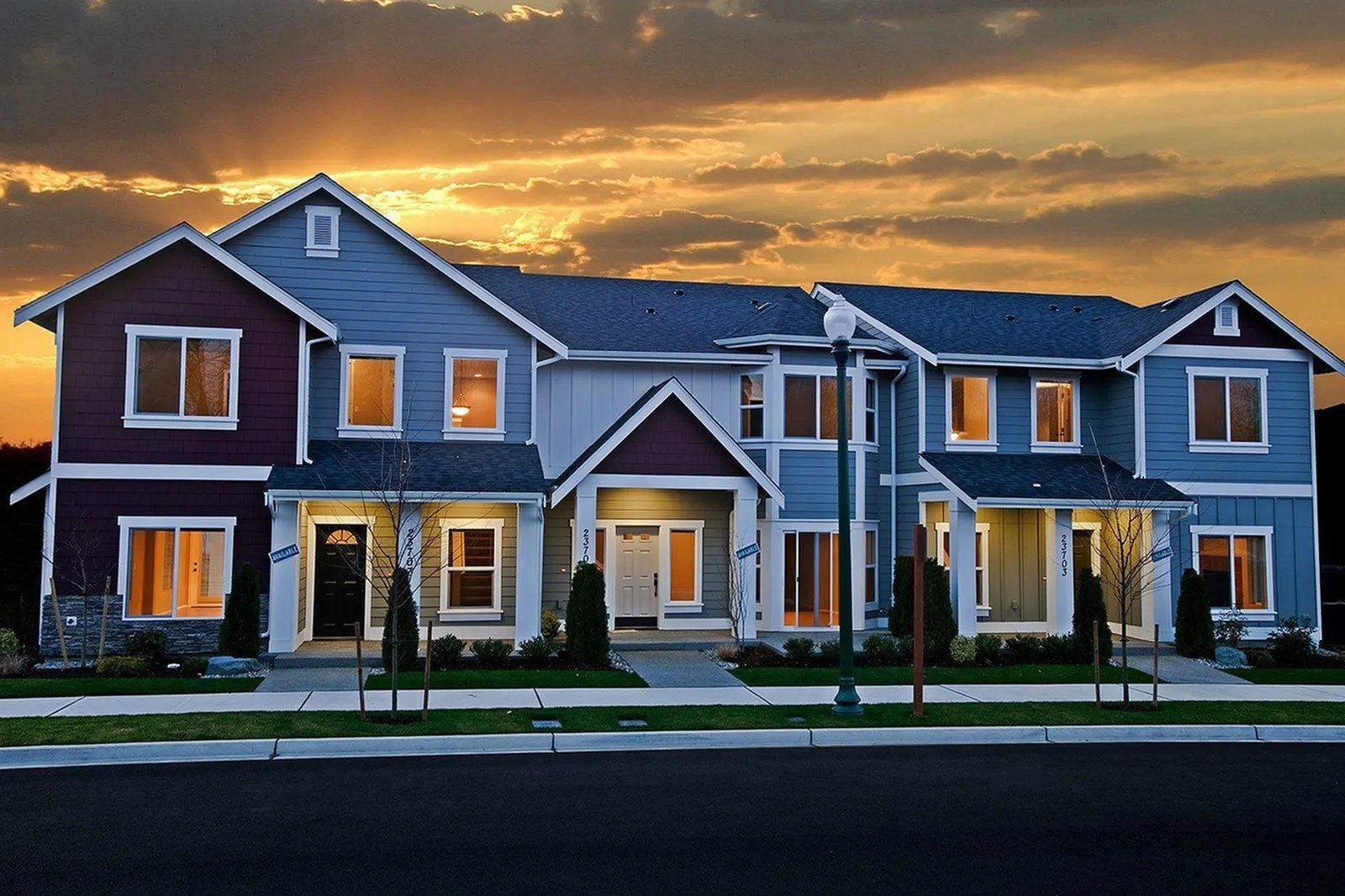 Watertree Place townhomes at dusk